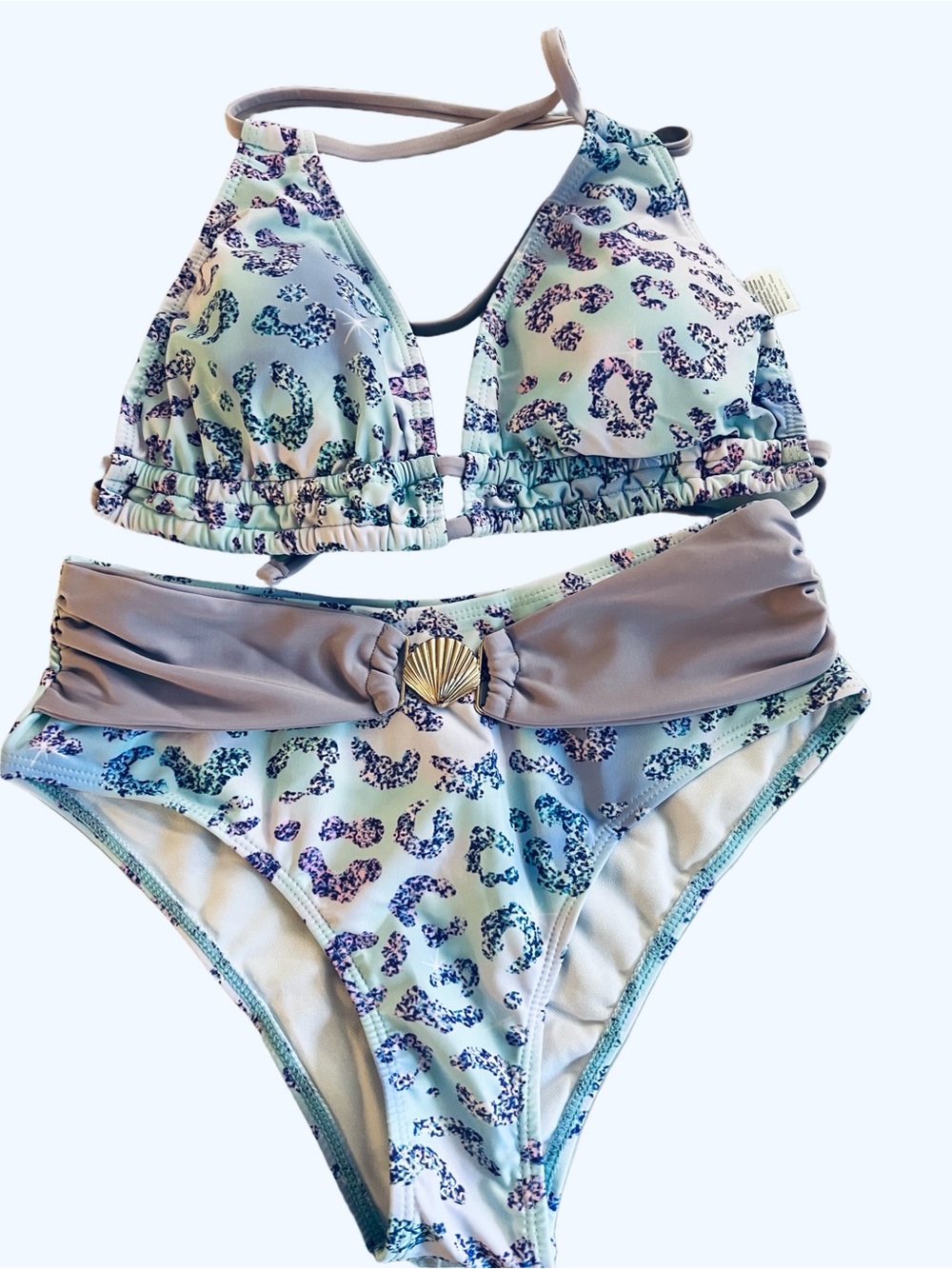 Lavender Blue Leopard Print Halter High Waisted Bikini Set - Picture 8 of 10